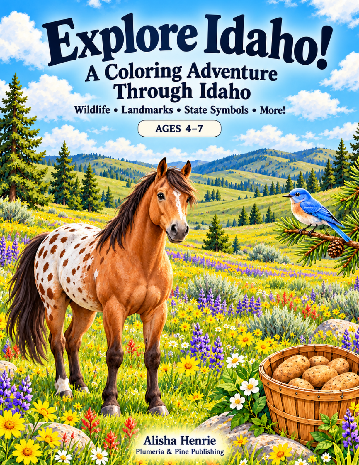 Explore Idaho! Ages 4–7 — Appaloosa horse and bluebird in a wildflower meadow