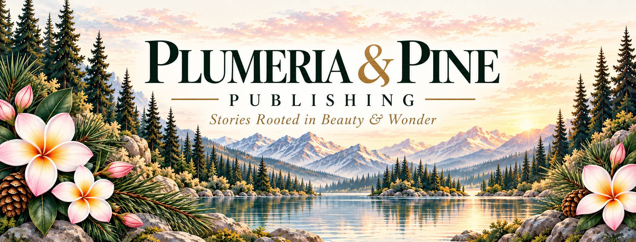 Plumeria & Pine Publishing — Stories Rooted in Beauty & Wonder, with pink plumeria flowers, pine trees, mountains, and a lake.