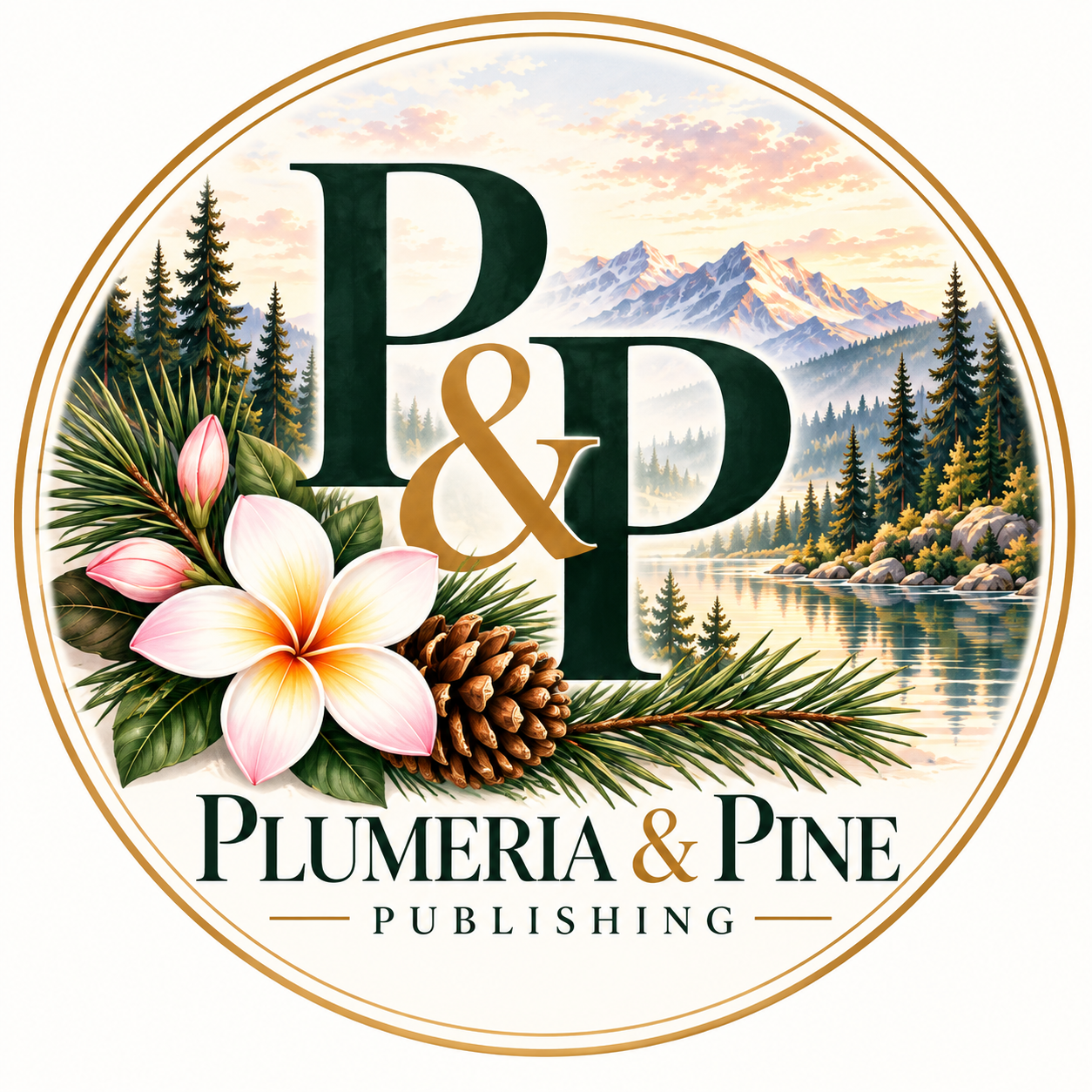Plumeria & Pine Publishing round P&P logo with plumeria flowers, pine branches, mountains, and a lake.
